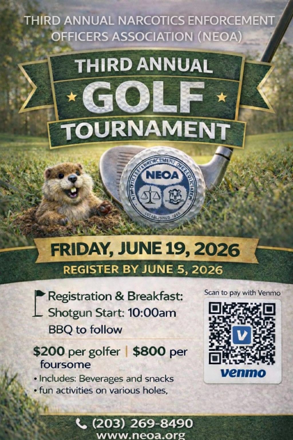 Third Annual NEOA Golf Tournament flyer, Friday, June 19, 2026. Register by June 5, 2026. Details are listed on this page.