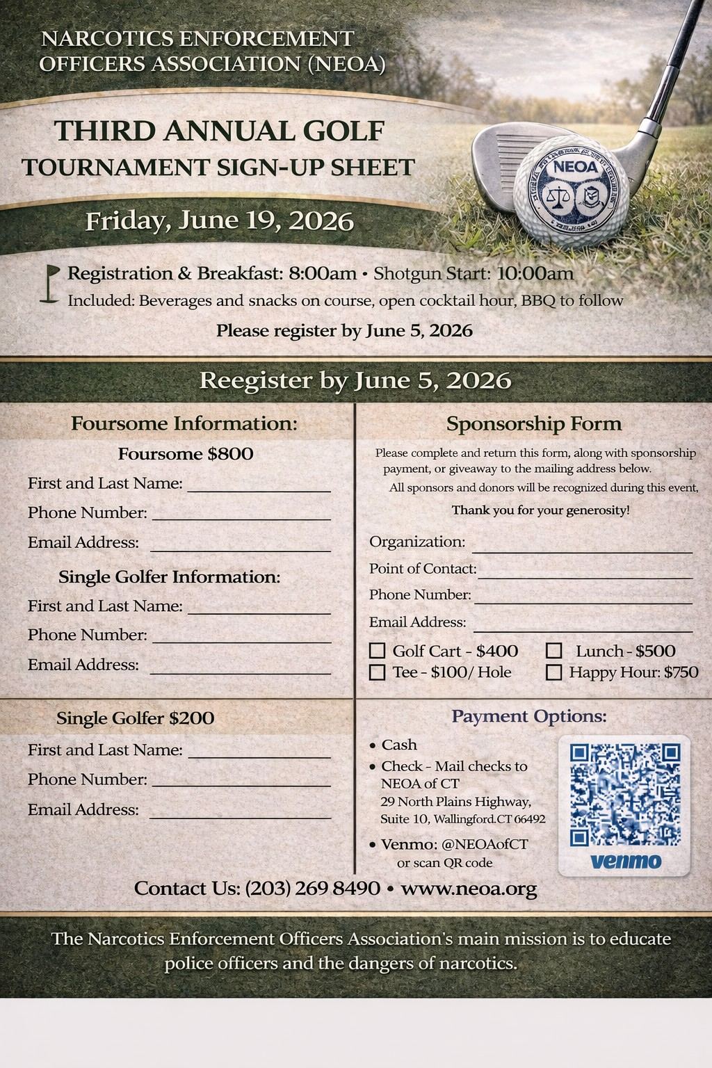 Golf tournament sign-up sheet with foursome, single golfer and sponsorship fields. Use the registration and sponsorship forms above.